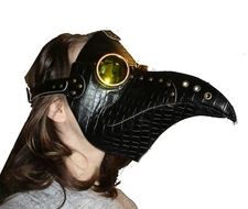 Plague Doctor Mask Black Long Nose Bird Beek Faux leather Gold Goggle Party Prop
