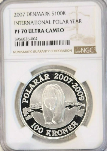 2007 DENMARK SILVER 100 KRONER INTL POLAR YEAR NGC PF 70 ULTRA CAMEO RARE POP 1
