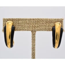 Napier Vintage Clip On Earrings Black Enamel Gold Curled Hoop Signed 1980s BinAY