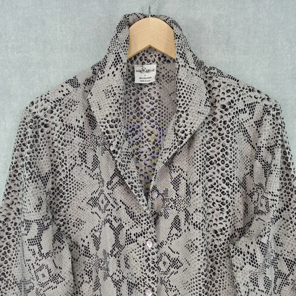 Womens Large Animal Print Blouse Silky Gray Black Snakeskin Button Up Shirt USA - Image 3 of 4