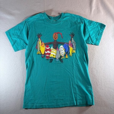 Vintage 90s Fruit of the Loom Single Stitch Tribal Fish Graphic Tee Teal Large
