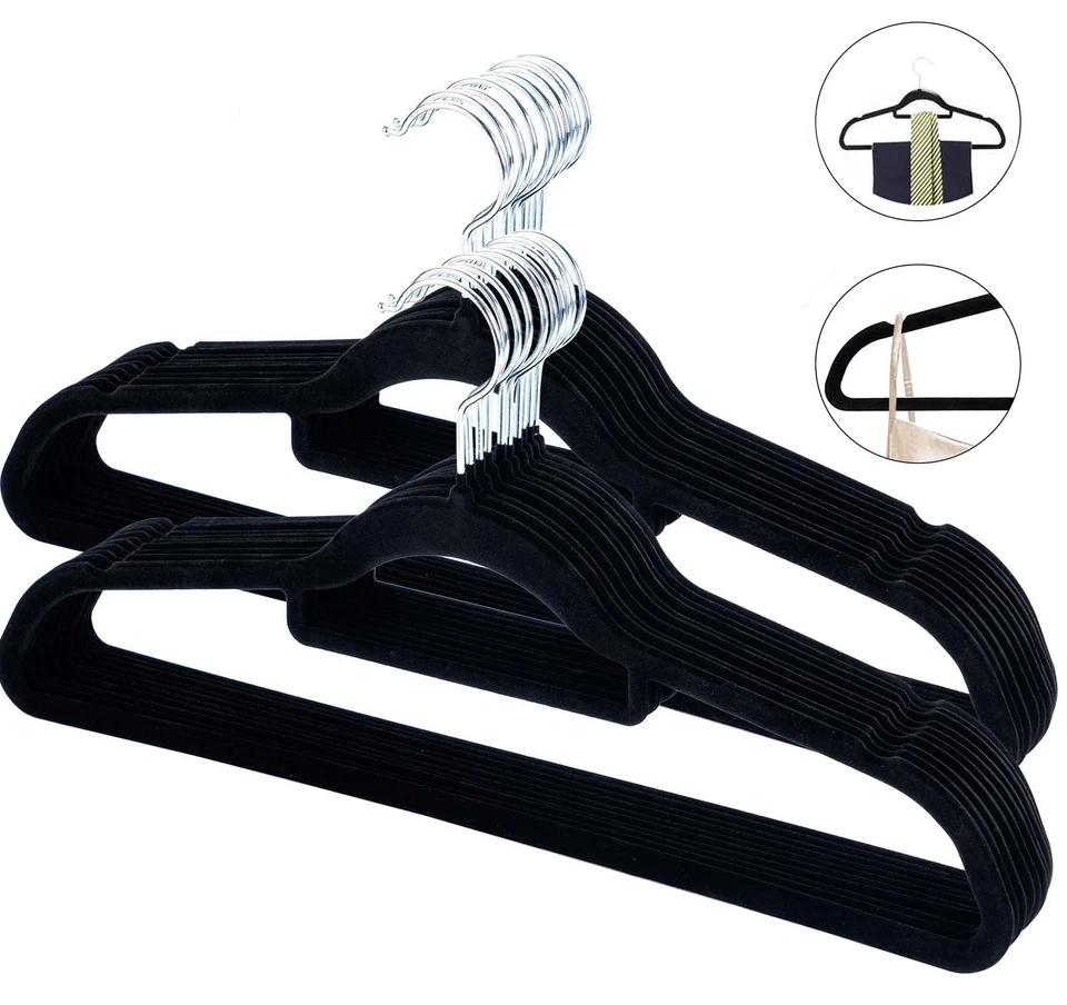 10-100er Kleiderbügel Samt Schwarz mit Steg Anti Rutsch Hemdenbügel Wäschebügel - Bild 2 von 4