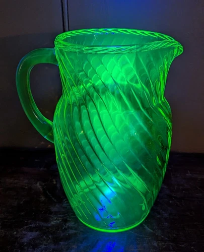 Vintage Green Uranium 8" Pitcher Swirl or Spiral Design Hocking Depression Glass