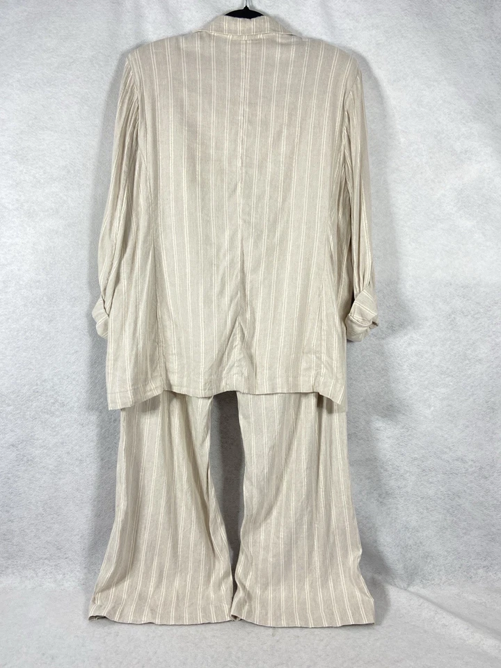Traje Pantalón Chico’s 2 Piezas Talla 2 EE. UU. 12 Beige Blazer Abierto Mezcla Lino Brillo Rayas Foto 2 de 4