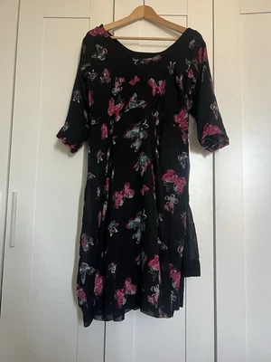 Handmade Boutique Indian Kurta Tunic Dress Size 14 Black Butterfly Print - Image 1 of 4