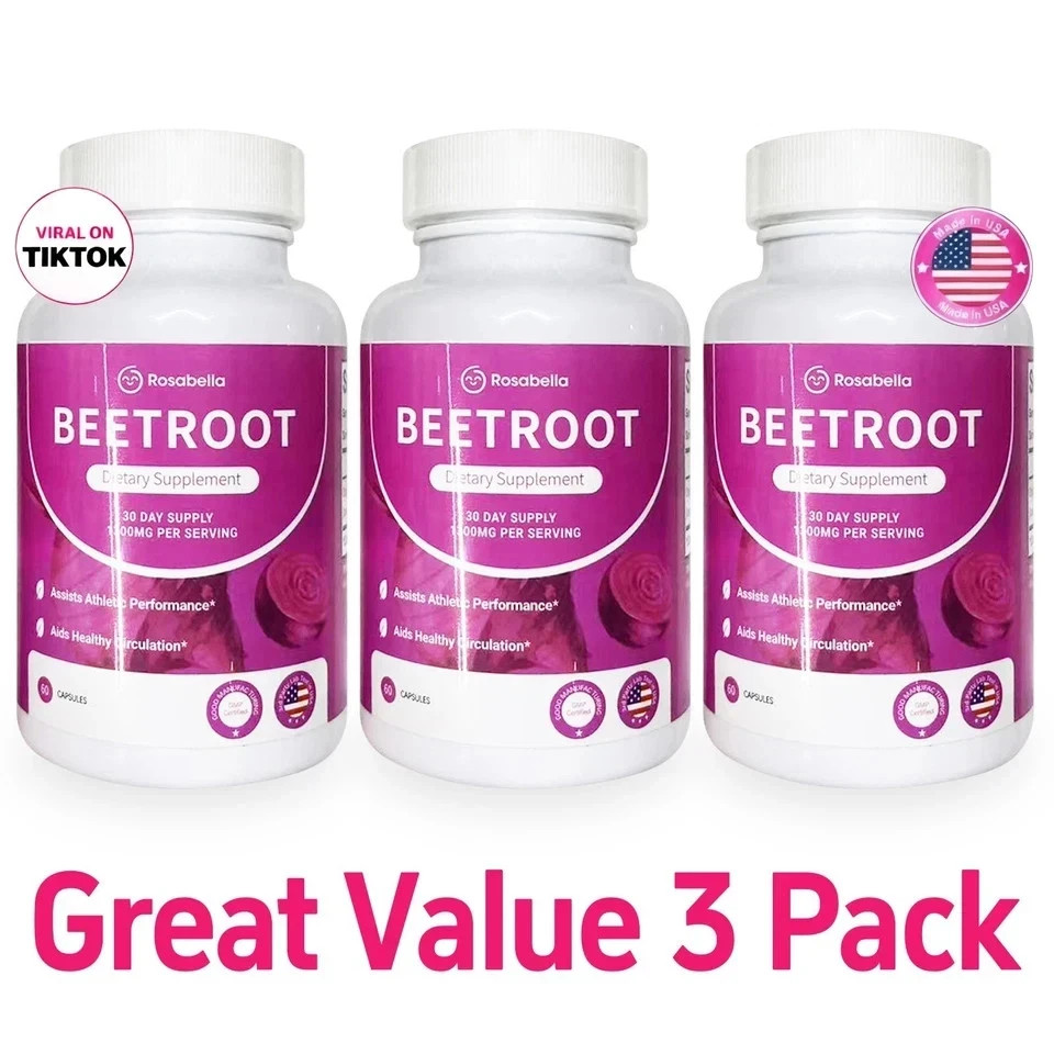 3PCS Rosabella Organic Beet Root 60 Capsules Natural Energy Boost Blood Pressure