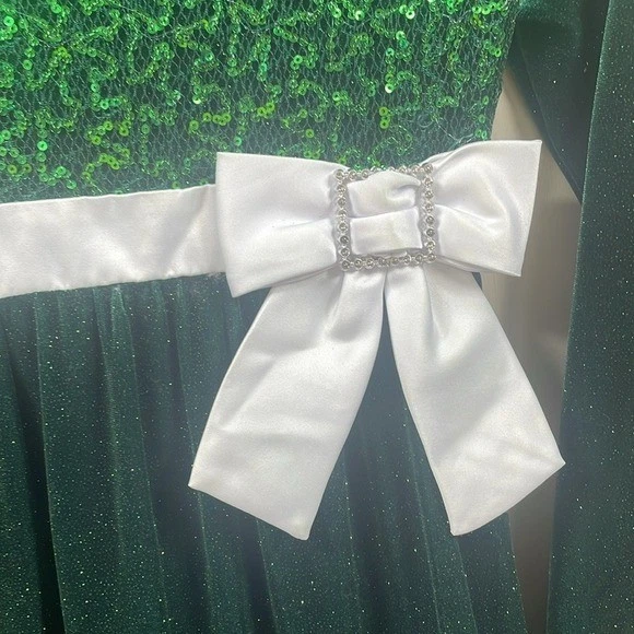 Girls Green Christmas Holiday Dress Sequin White Fur Bow Party - Image 4 of 4