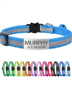 Personalized Cat Collar Reflective Breakaway Custom Engraved ID Tag Name Bell - Image 1 of 4