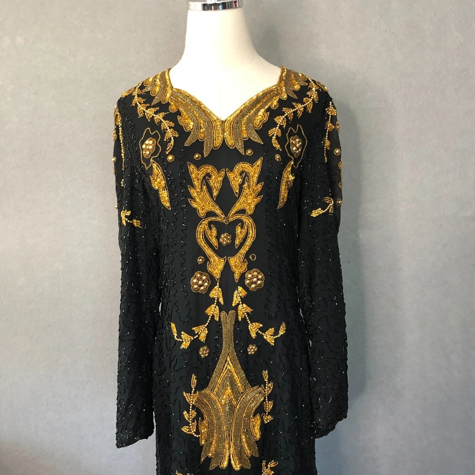 Vintage Embellished Silk Dress Size Small Black Gold Fancy Beaded Sequined Shift - Image 4 of 4