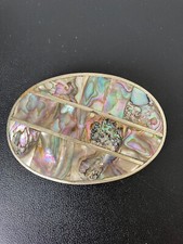 Vintage Abolone Shell Belt Buckle - Oval with diagonal design - Made in Mexico