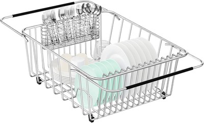 Large Dish Drainer Rack in Sink Adjustable Expandable 304 Stainless Steel Metal