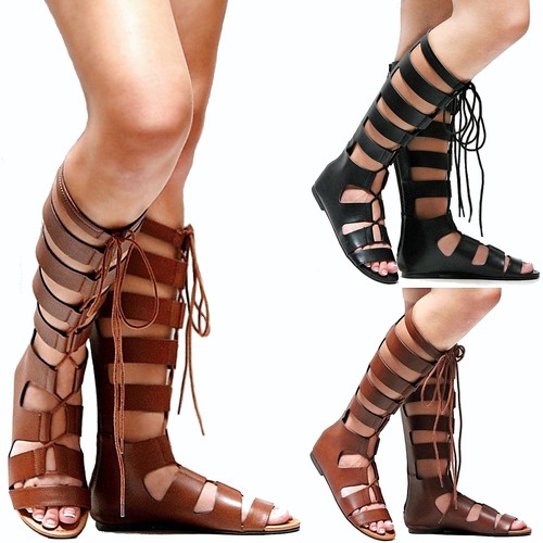 Neue kniehohe hellbraune schwarze Damen-Gladiator-Riemchensandalen 6 bis 11 - Bild 1 von 12