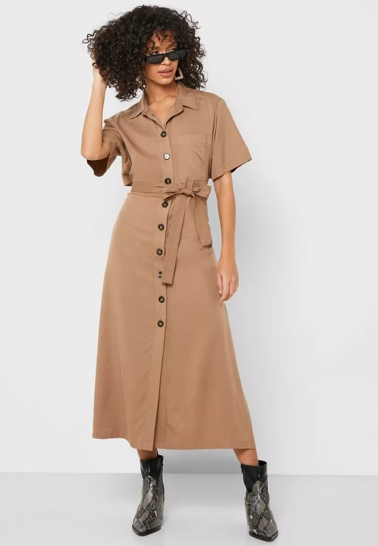 Topshop Tie Waist Front Split Shirt Dress Brown Size UK 12 eBay