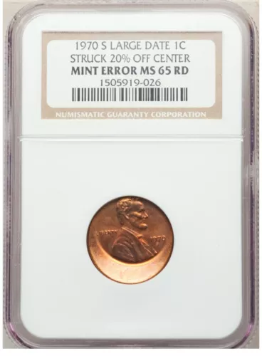 ER018 1970-S 1C Large Date, Lincoln Cent -- Struck 20% Off Center -- NGC MS65 RB
