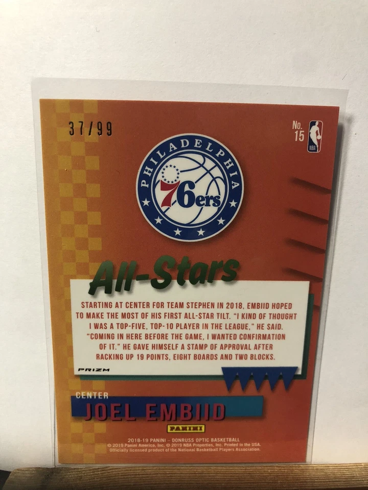 Joel Embiid 2018-19 Donruss Optic All-Stars Red Holo Prizm # 15 /99 - Image 2 of 2