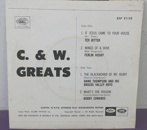C&W GREATS TEX RITTER Bobby Edwards HANK THOMPSON Ferlin Husky EP OZ ONLY 7 - Picture 2 of 2