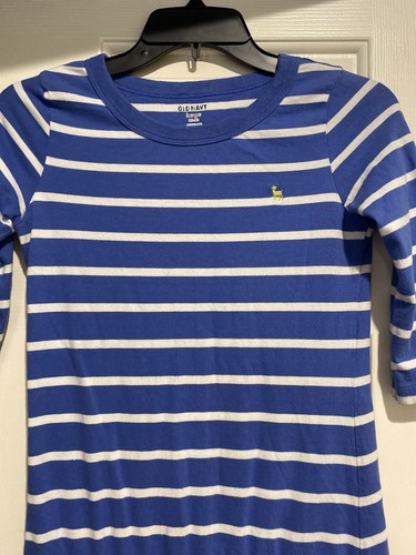 Old Navy Long Sleeve Dress Girls Size Large 10/12 Blue White Striped B96 - Picture 2 of 7