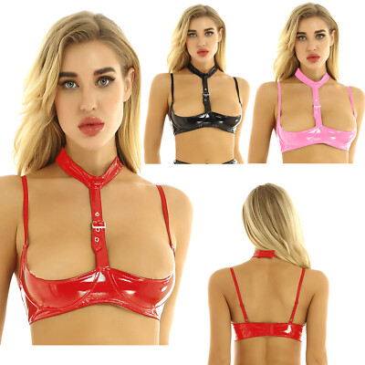CHICTRY Damen BH Wetlook Lackleder Dessous 1/3 Cup Bikini Bras Tops Unterwäsche