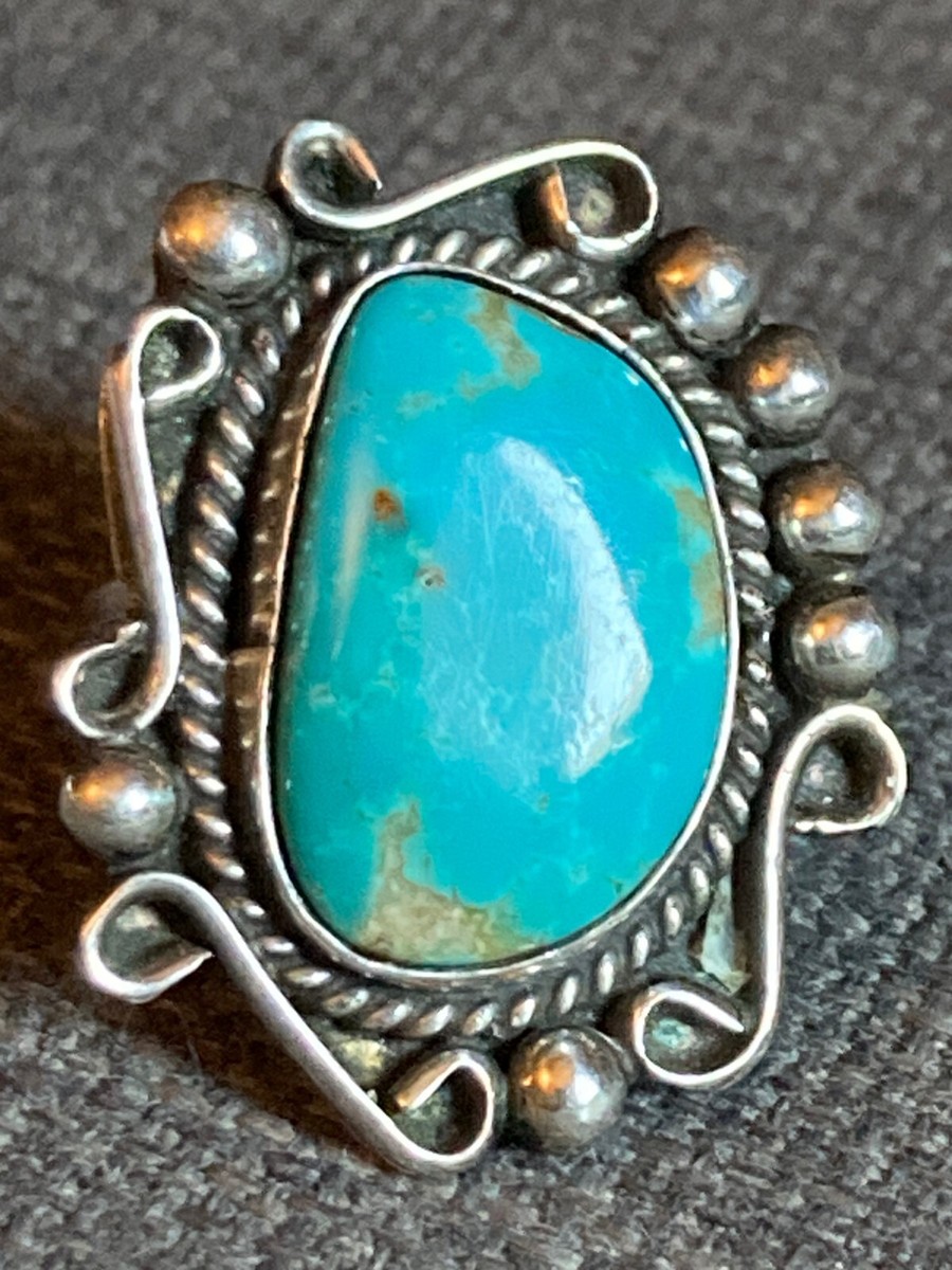 Vintage Natural Turquoise Sterling Silver Navajo Ring US Sz