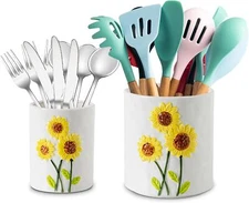 Set Of 2 Sunflower Kitchen Utensil Holder For Countertop and Silverware Holde...
