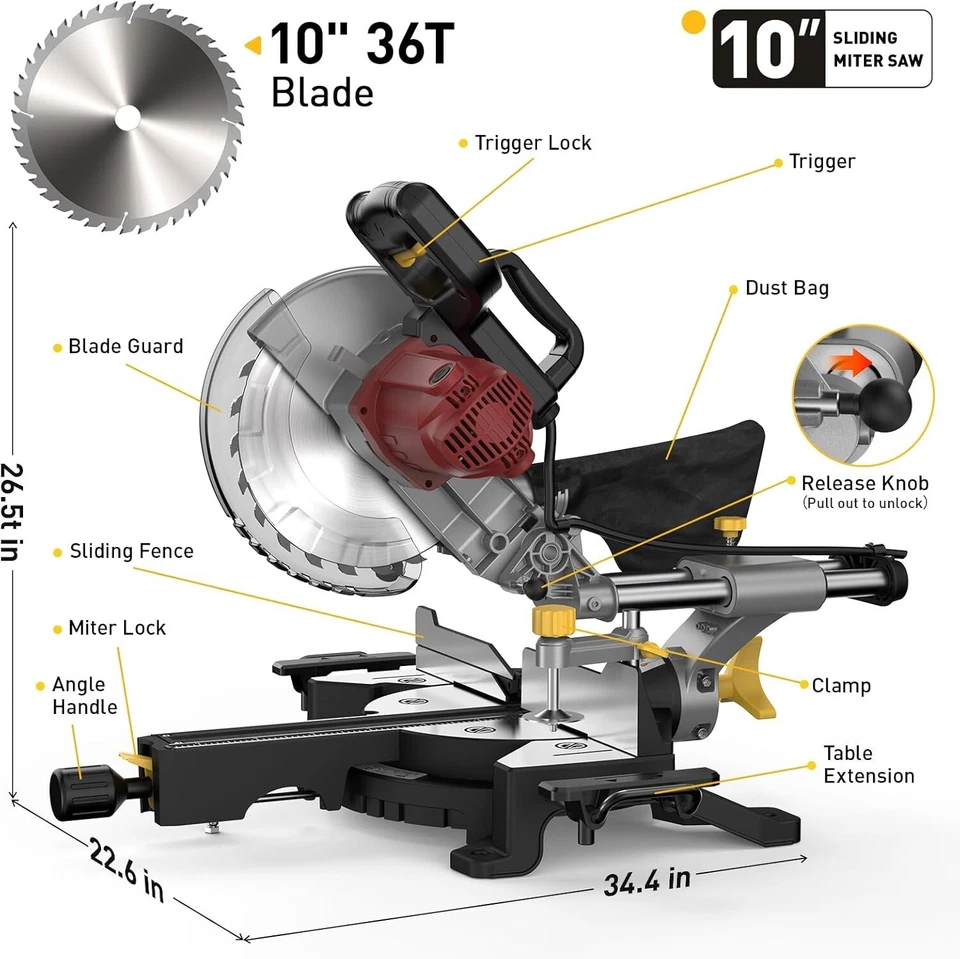 Sierra ingleteadora compuesta deslizante de 10 pulgadas 15 amperios con soporte de mesa de extensión Foto 2 de 4