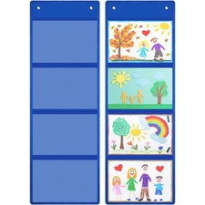 2 PCS Storage Pocket Chart Classroom 37.4x13 Inch 4 Pockets Blue