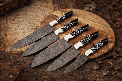 Handmade Forged Damascus Steel Fixed Blades Chef Kitchen Knives Set
