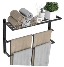 Towel Racks for Bathroom, 24 in Towel Shelf with Double Towel Bar, 3 Tier Black