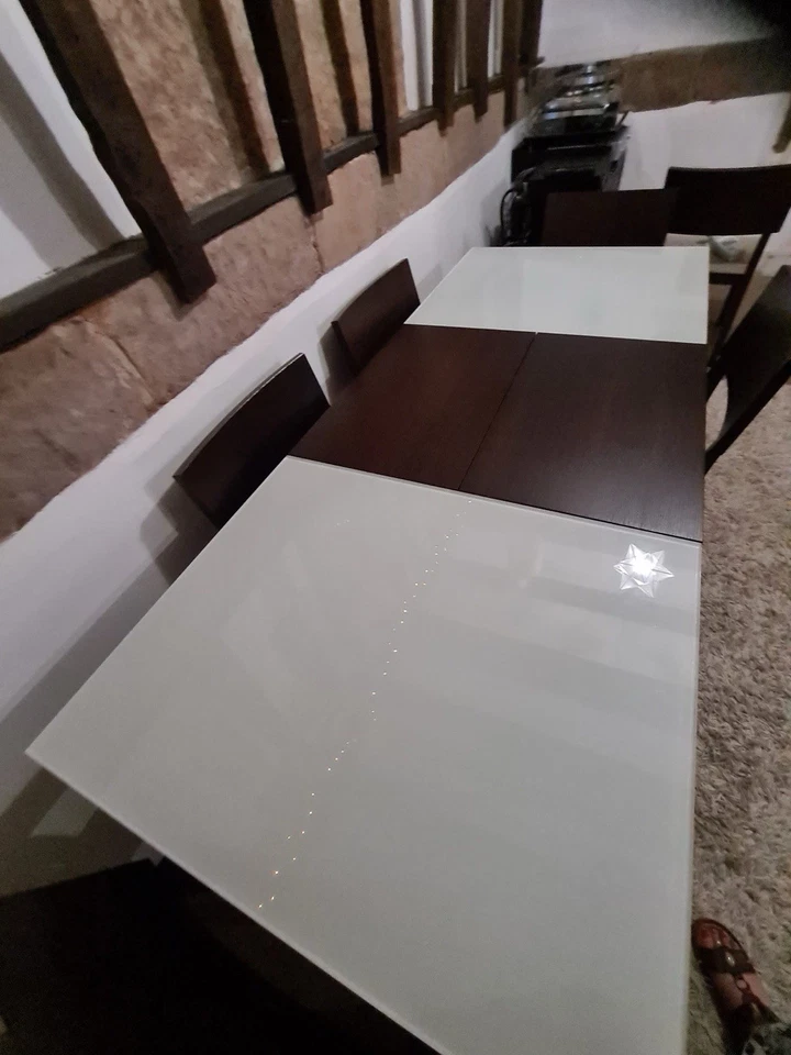 Ligne Roset Dark Wood and Milk Glass Extending Dining Table With 6 Chairs - Image 3 of 4