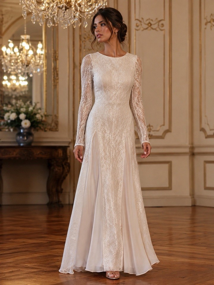 MISSACC White/ivory Lace Long Sleeve A-Line Wedding/Formal bohemian gown-small