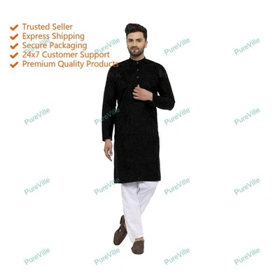 Indische traditionelle Herrenbekleidung Baumwolle Kurta Farbe schwarz Herren ... - Bild 1 von 4