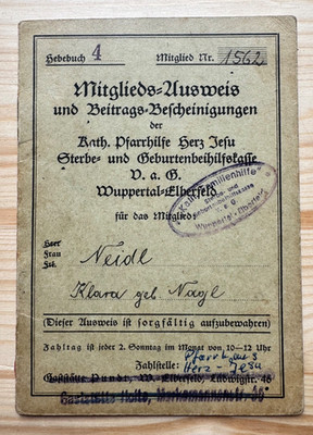 Historisches Mitgliedsbuch 1938 Wuppertal Elberfeld Kath. Pfarrhilfe Herz Jesu