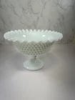 Vintage Milk Glass Hobnail Pedestal Dish - Footed Bowl Ruffle Pie Crust Rim