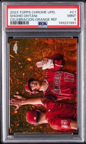 2023 TOPPS CHROME UPDATE CELEBRACION ORANGE REFRACTOR SHOHEI OHTANI 14/25 PSA 9