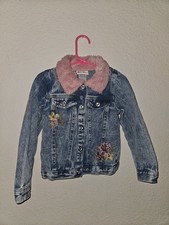 Little Lass SZ 5T Rose Embroidered Denim Fur Collar Jacket