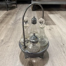 Antique 1800s Silverplate Bottle Cruet Set Condiment Caddy 4 Bottles