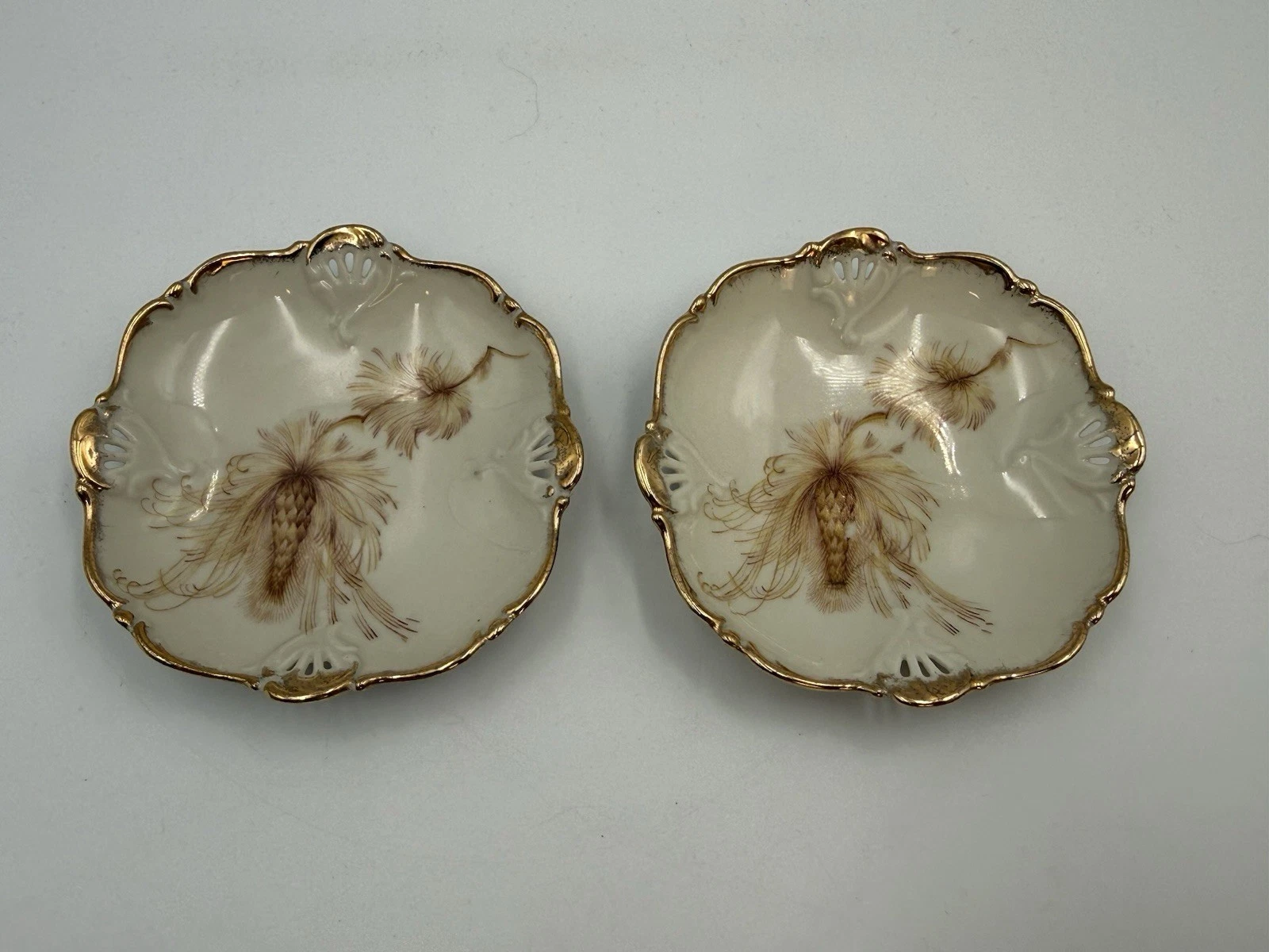 2 Vintage Schwarzenhammer Germany Butter Pats / Plate Scalloped Embossed Gold