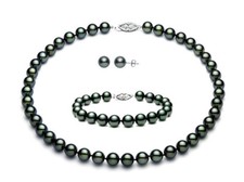 8mm Black Shell Pearl Fashion Bracelet  Earring Necklace Jewelry Set 18/7.5"