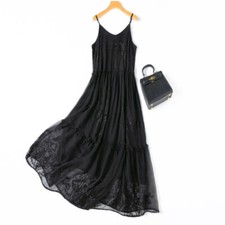 100 Natural Silk Women Chemise Black Embroidery Long Type Full Slip Dress M1131