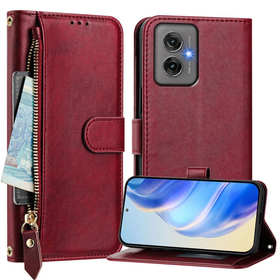 Funda tipo billetera de cuero con cremallera para teléfono Motorola G60 G30 G51 G62 G71 E20 E30 G31  Foto 2 de 4