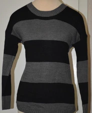 Ladies AB Studio Black & Gray Striped Long Sleeve Crew Neck Sweater Top Size XS