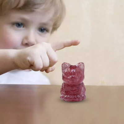 Natural Strawberry Quartz Crystal Gem Carved Lucky Cat Healing Figurine Ornament