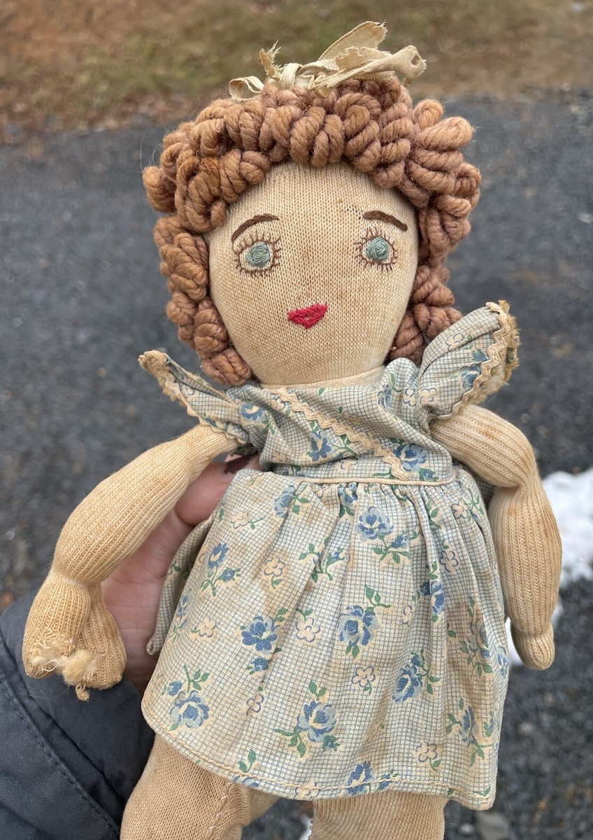 Antique Handmade Ragdoll Embroidered Face 20th C. Vintage Doll Rag