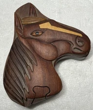 Horse Head Wooden Puzzle Stash Box Jewelry Trinket Collectible 4.5”