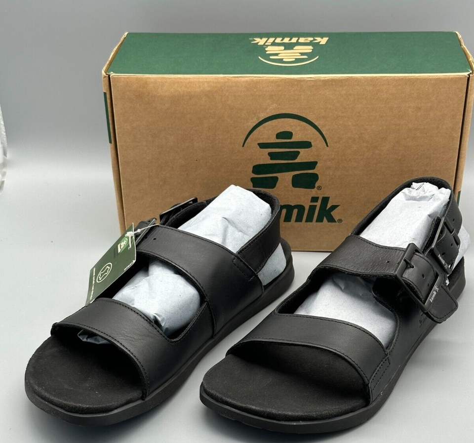KAMIK Men's Marty Sandals in Black Leather New in Box Dual Strap Buckle