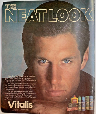 1986 Vitalis Haircare Print Ad 12''x10'' The Neat Look Close Up Face Hair Photo