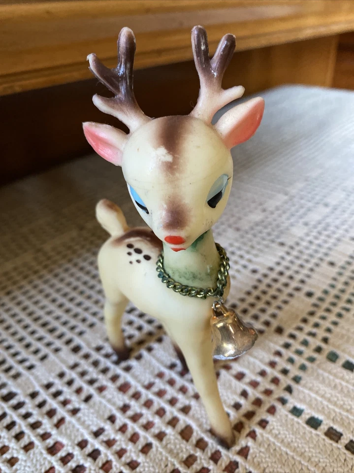 复古 20 世纪 50 年代婴儿 Squeak 玩具橡胶驯鹿颈铃,MCM Kitsch 罕见日本 — 第 2/4 张图片