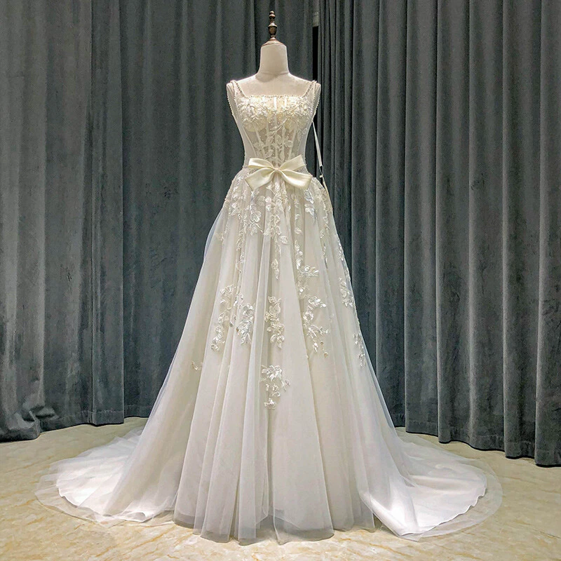 Elegant Wedding Dresses with Bow Square Neck Lace Applique Beach Bridal Gown - Image 3 of 4