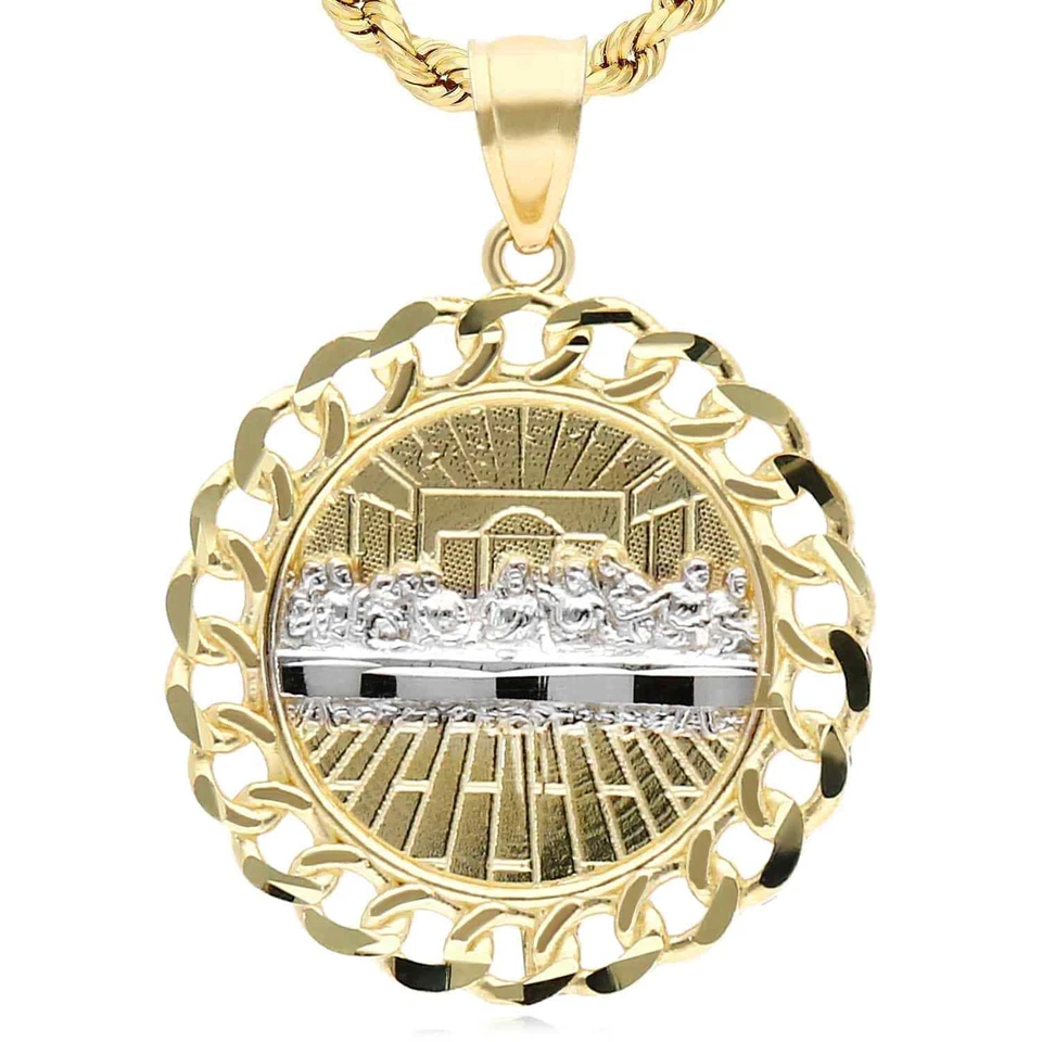10K Gold Yellow White 2-Tone Miami Cuban Textured Last Supper Pendant 1.1" - Image 2 of 4