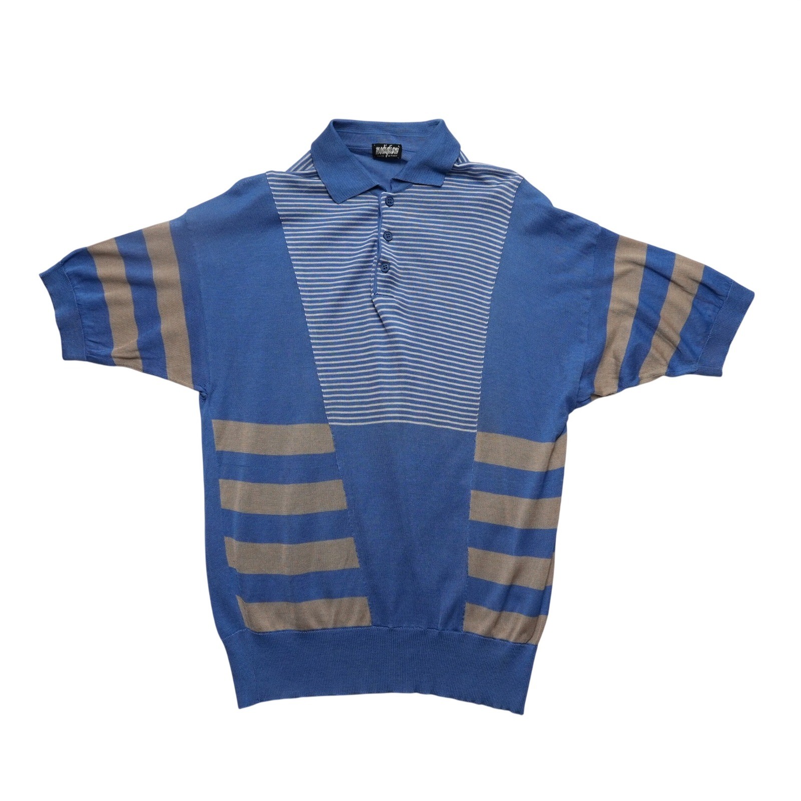 Vintage Modigliani Knit Polo Shirt Mens 48 Blue Striped Made in Italy 90s Retro